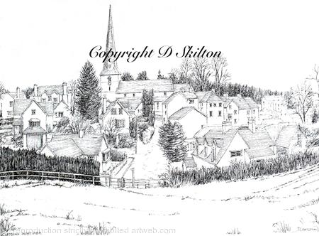 Cleobury Mortimer village and church b & w as a 6 by 4  greeting card. prints available.