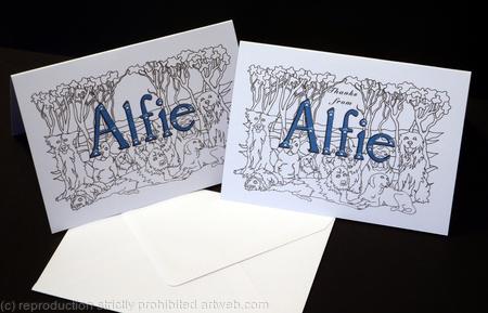 Dog name cards ALFIE one says thank you the other blank. Sold in pairs but they can be the same if you let us know.