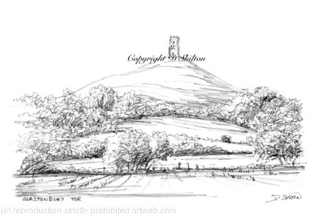 Glastonbury Tor pencil and pen drawing Signed a4 print on watercolour paper, unmounted.