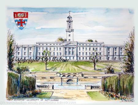 Nottingham University Trent buildings Signed a4 print on watercolour paper, unmounted.