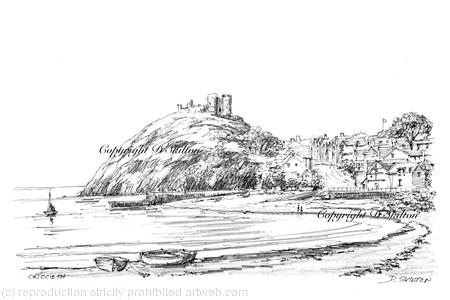Criccieth beach and Castle as a signed and mounted laser print. Mount to fit 7 by 9 inch frame. Cards available.