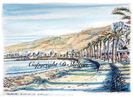 Tenerife Playa de las Americas beach signed print on A4 watercolour paper, unmounted