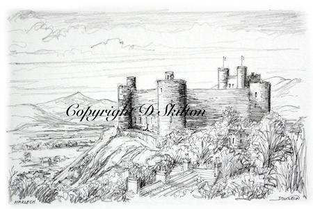 Harlech castle N wales as  pencil and pen drawing printed on a 6 by 4 inch greeting card. Prints available.