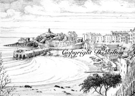 Tenby Harbour pencil and pen drawing. Signed print mounted in a 7 by 9 inch standard mount.