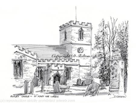Elmley Castle church  b and w drawing Signed a4 print on watercolour paper, unmounted.