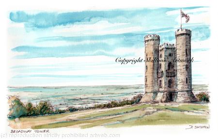 Broadway tower Worcestershire Cotswolds Signed a4 print on watercolour paper, unmounted.