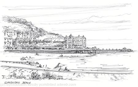 Llandudno Pencil and pen as a signed mounted laser print, mounted to fit standard 7 by 9 inch frame. Cards available.