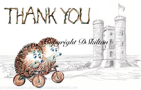 Broadway tower with skillipgs ( hedgehogs on bikes) card image . Card 6 by 4 inches ivory with recycled brown envelope.