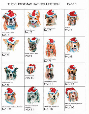 Dog card images with Christmas hats. 6 by 6 inch cards with brown recycled envelope. These can Have HAPPY CHRISTMAS on in stick writing if you ask.