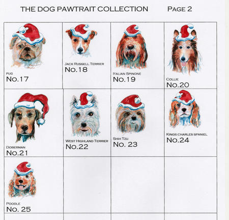 Christmas dog collection, images are produced on a 6 by 6 inch ivory card  with HAPPY CHRISTMAS on if you wish.