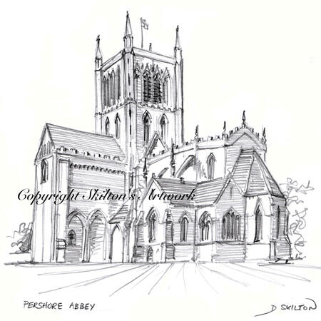 Pershore Abbey pencil drawing as a signed print on A4 watercolour paper unmounted