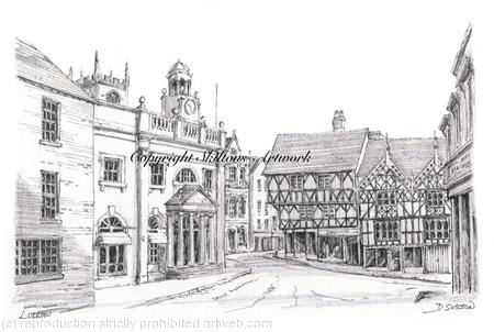Ludlow Buttercross with the black and white shops pen and pencil drawing. Print signed on A4 watercolour paper, unmounted.