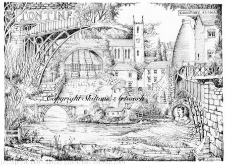 Ironbridge composite picture of places around. Black and white pen drawing as a print signed on A4 watercolour paper unmounted