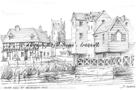 Tewkesbury Mill and the River Avon pen and pencil drawing as a print. Printed and signed, mounted in a standard 7 by 9 inch mount. Cards available on request.