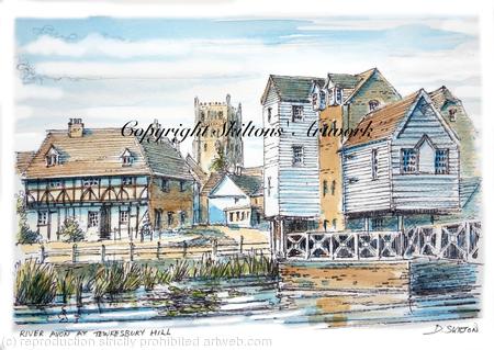 Tewkesbury mill and the river avon pen watercolour Signed a4 print on watercolour paper, unmounted.