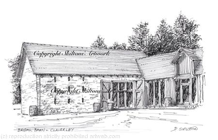 Bridal Barn Claverley Shropshire as a pen and pencil drawing as a signed  print on a4 watercolour paper. Unmounted. greeting cards available.