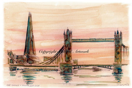 London the shard and tower bridge sunset printed a a 6 by 4 inch card. Prints available.