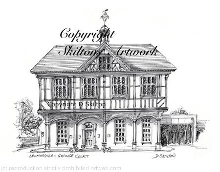 Leominster Grange Court, Black and white pen and pencil drawing as a 6 by 4 inch greeting card