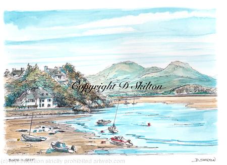 Borth y Gest Nr Porthmadog pen pencil and watercolour as a laser print. Prints signed and mounted in a 7 by 9 inch standard mount.