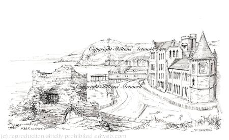 Aberystwyth from the castle grounds pen and pencil. A4 ( approx ) print Unmounted