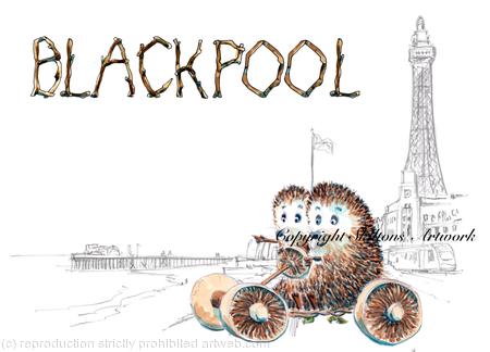 Blackpool skillipigs ( hedgehogs) in a car. Greeting card printed on 6 by 4 inch ivory card with brown recycled envelope. 