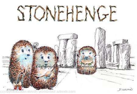 Stonehenge with visiting skillipigs and a druid skillipig. Printed as a greeting 6 by 4 inch ivory greeting card with a brown recycled envelope.