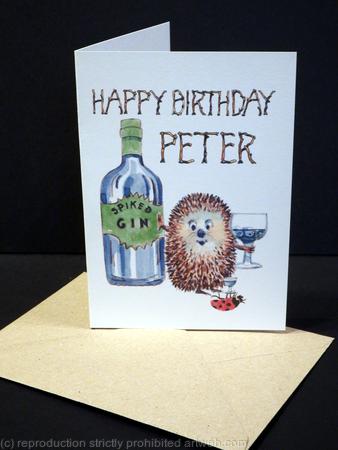 Gin Happy Birthday ( Peter, but any name available) Bespoke 6 by 4 Skillipig card, ivory card with recycled brown envelope. Other drinks and food available.spirit