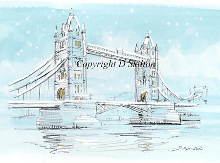 London Tower bridge winter scene card image. 6 by 4 inch white card with envelope. 