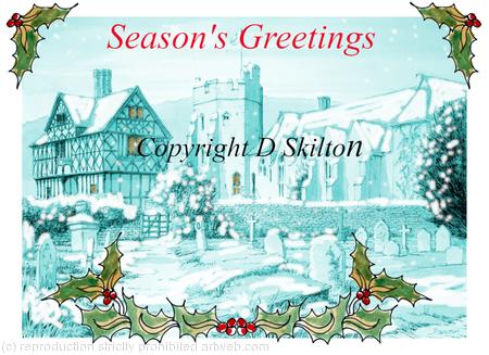 Stokesay Castle snow scene as a 6 by 4 inch Christmas card. Other greetings and personalisation available.