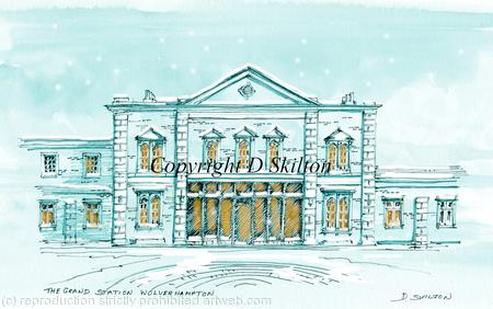 Wolverhampton grand station snow and lights. Greeting or invitation card or Christmas card. 6 by 4 inches with white envelope.