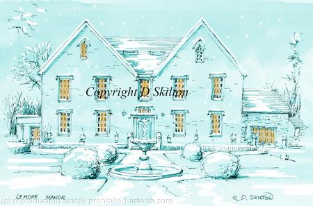 lemore manor as a snow scene card for winter wedding. 6 by 4 card. This can be personalised any way you wish.