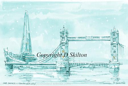 London, Tower Bridge and the Shard in snow . Possible seasons greeting card, This can be personalised with a message for Christmas. Contact for details.