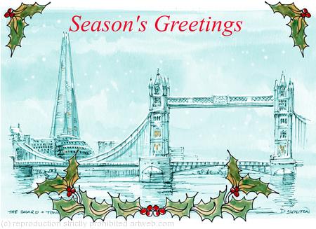 Tower Bridge and the shard in London as a 6 by 4 inch SEASON'S GREETINGS card. These can be personalised on request.