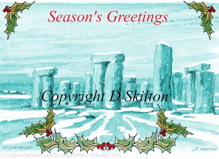 46 WILTSHIRE Stonehenge in snow card with SEASONS GREETINGS. 6 by 4 inch card with white envelope. personalisation and other greetings available.