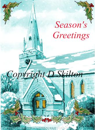 Wombourne Church St Benedict Biscop snnow picture SEASONS GREETINGS. 6 by 4 inch white card with white envelope. Personalisation and other greetings available.