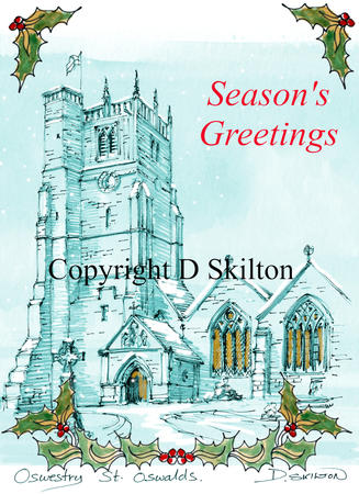 Oswestry Church St Oswald's as a Christmas 6 by 4 inch Christmas card. 