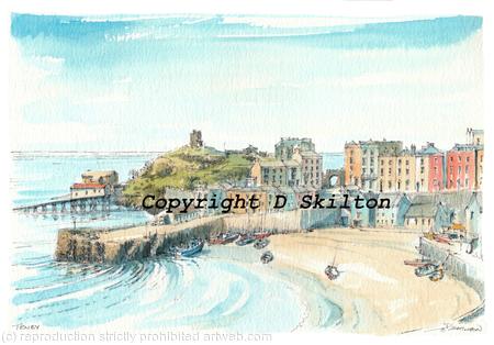 Tenby Harbour North beach watercolour signed print on watercolour paper , unmounted