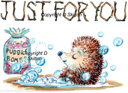 332 Puddle bomb skillipig greeting card design . Printed on a 6 by 4 inch ivory card with brown recycled envelope.