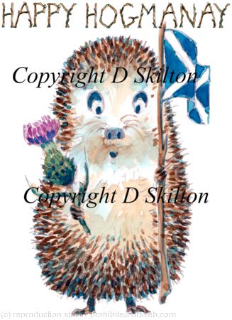 342 HAPPY HOGMANY card. Skillipig card. Ivory 6 by 4 greeting card with brown recycled envelope.