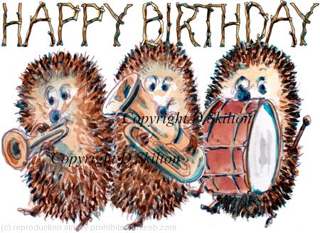 378 Marching band of Skillipigs HAPPY BIRTHDAY, 6 by 4 inch ivory card with brown recycled envelope, Any greeting available instead of Happy birthday.