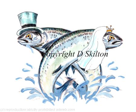 Salmon wedding pair as a 6 by 4 greeting card. possible Thank you or save the date or even invitations.
