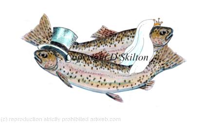 Brown trout Wedding pair Mr. and Mrs. as a 6 by 4 inch card. Possible wedding invitation etc. 