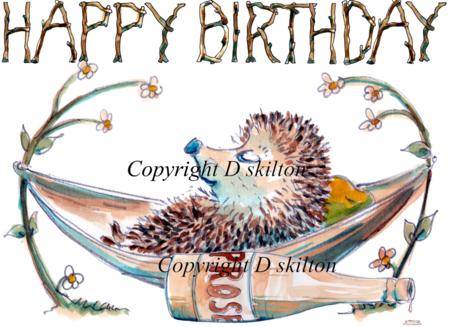 No. 354 HAPPY BIRTHDAY skillipig in a hammock with Prosecco bottle. 6 by 4 inch ivory card with brown recycled envelope.