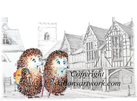Much Wenlock with walking hedgehogs ( skillipigs) as a 6 by 4 inch ivory card with brown recycled envelope. Other skillipigs available!!