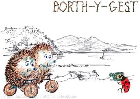 Skillipig Bikes at Borth y Gest. Skillipigs are my fun hedgehog images as a 6 by 4 inch ivory greeting card with brown recycled envelope. 