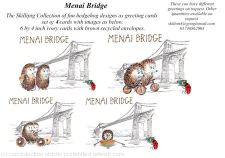 Menai Bridge set of 4 Skillipig images as 6 by 4 inch ivory greeting cards with brown recycled envelopes. Other numbers and combinations available on request.