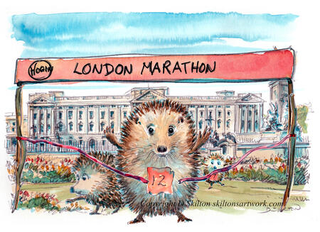 LONDON MARATHON Skillipigs race, Buckingham  Palace as a 6 by 4 inch ivory greeting card with brown recycled envelope.