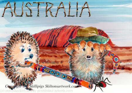 Australia with the Skillipigs. 6 by 4 inch ivory greeting card with brown recycled envelope. 