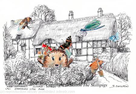 Anne Hathaway's Cottage with the Skillipigs. Greeting card 6 by 4 inches with brown recycled envelope. 