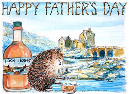 Eilean Donan Castle FATHERS DAY card whisky with the Skillipigs. Greeting card  6 by 4 inch ivory with brown recycled envelope